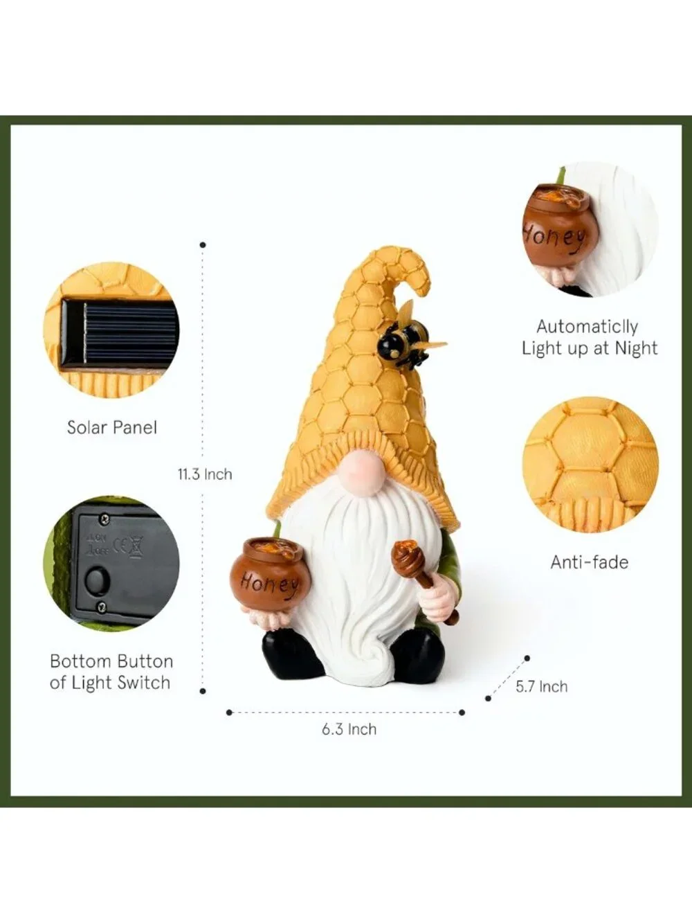 Solar Garden Gnomes Statues - Resin Bee Figurine with Honey Jar & Solar Lights